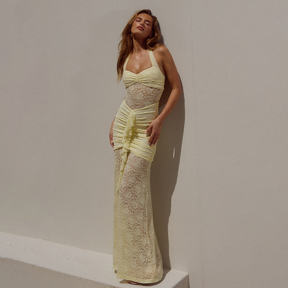 The Elara Lace Halter Maxi Dress
